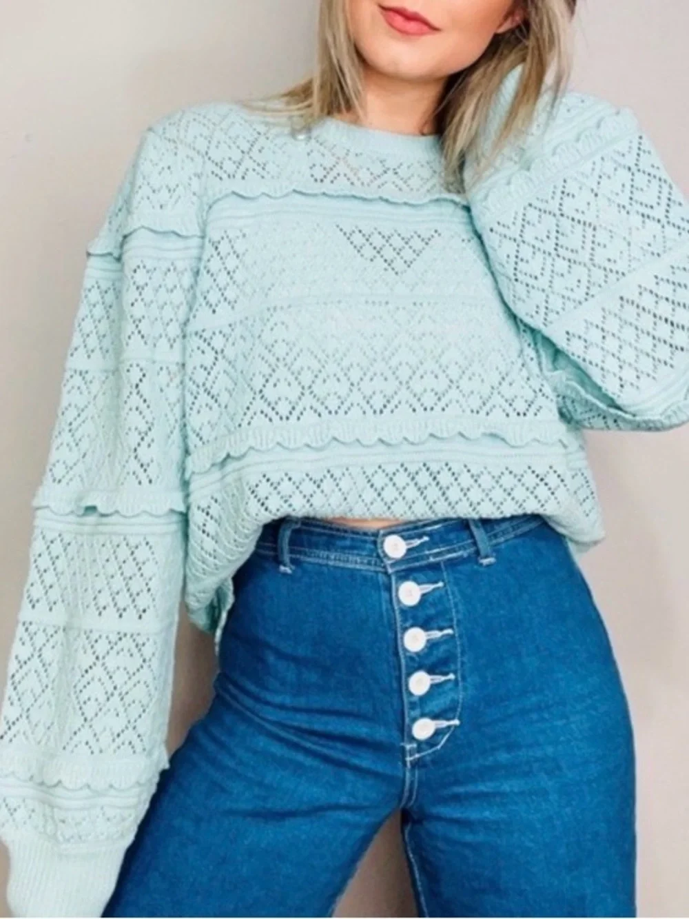 Studio 19 crochet Sweater, Balloon Sleeve Boho Sweater, Blue Ruffled Knit, Large
